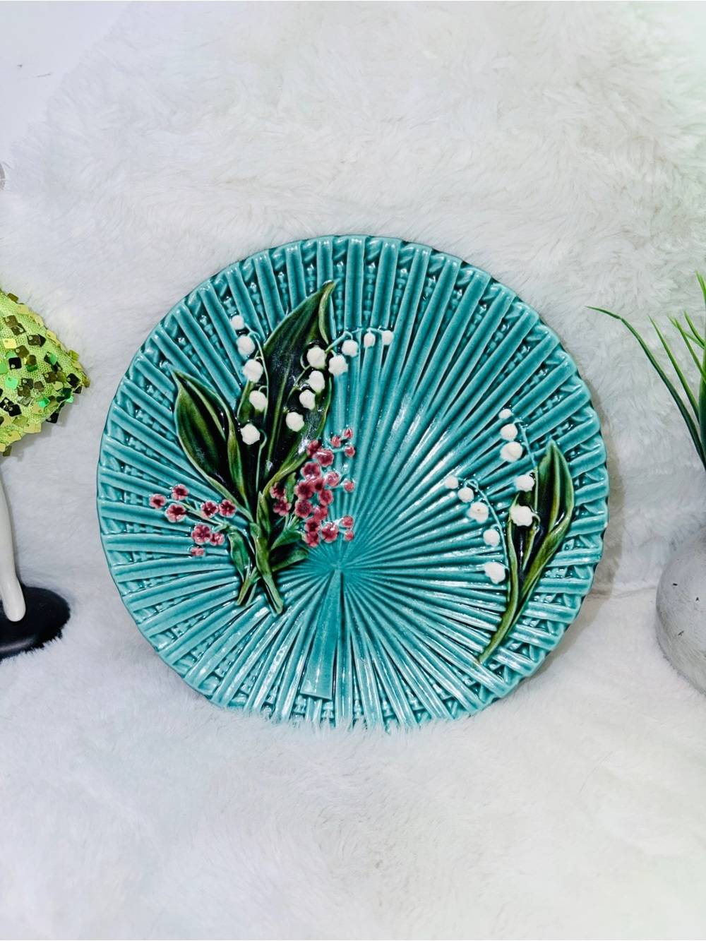 SMF Hand Painted Turquoise Ceramic Plate Lily of the Valley Design Art Nouveau 💝